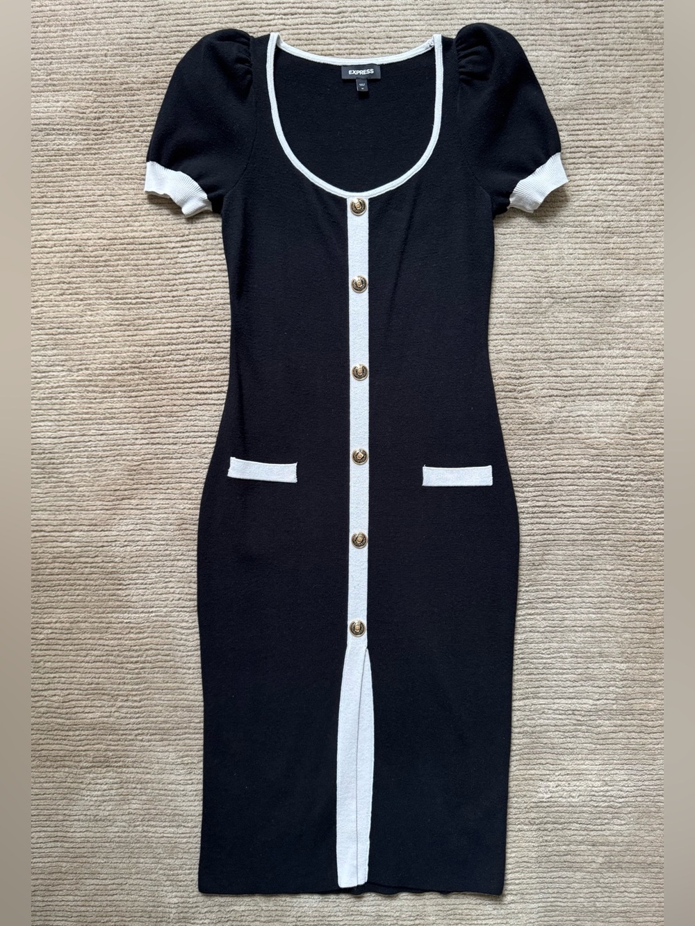 Express Ribbed Knit Bodycon Midi Sweater Dress Short Puff Sleeve Black & White M